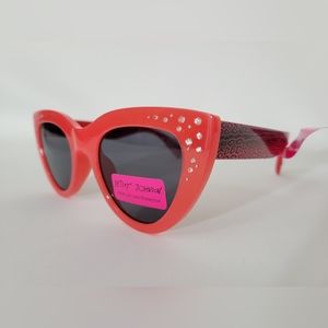 Betsy Johnson Red Cat Eye Sunglasses Bling Print Arms New
